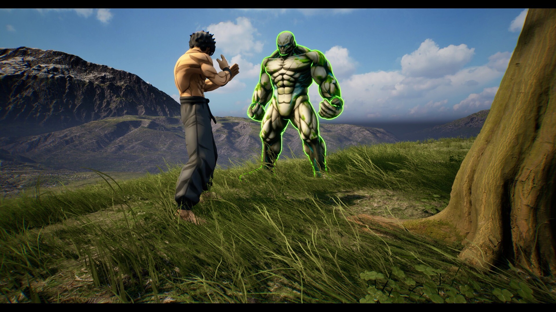Two rivals prepare to fight on a grassy mountainside