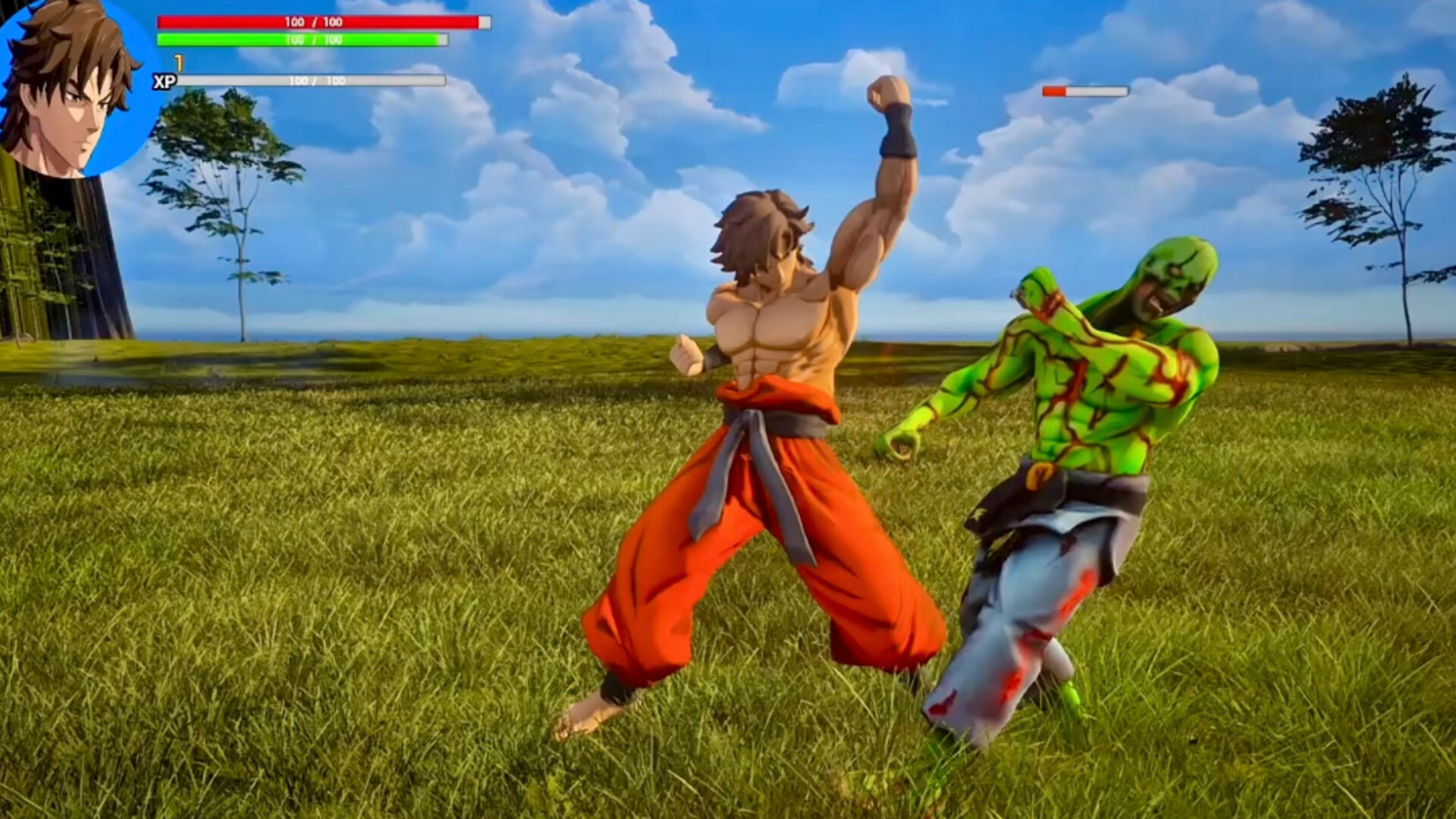 Martial arts combat with Zhen landing a strike